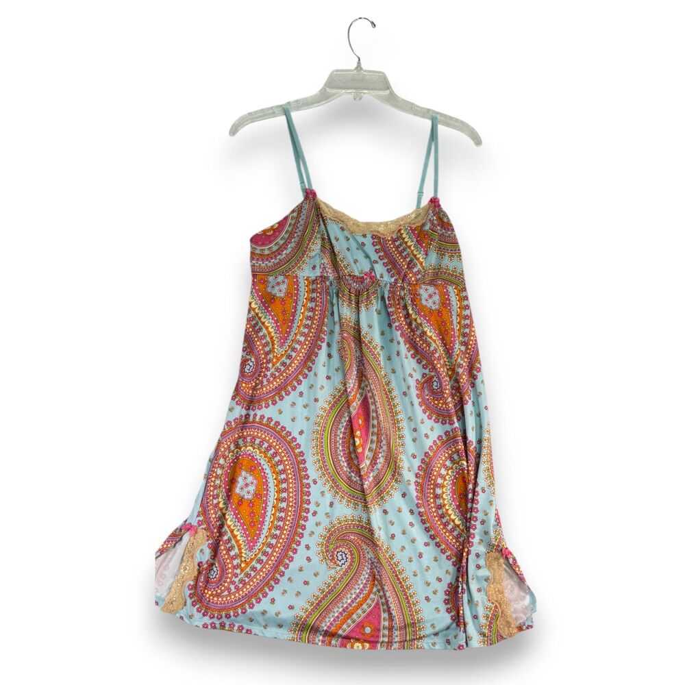 Betseyville | Ice Blue Paisley Slip Babydoll Dress with Lace Trim | Sz M